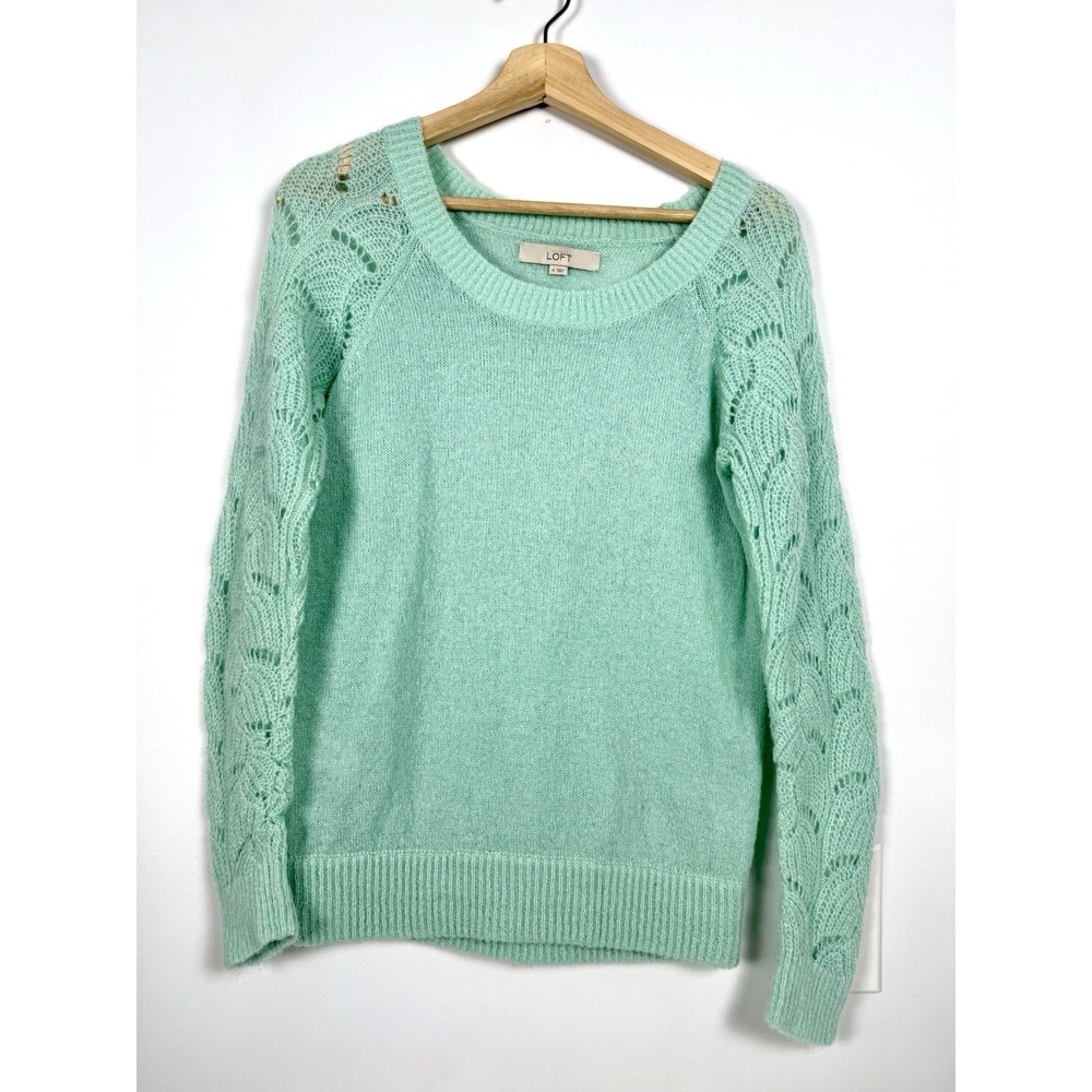 Ann Taylor LOFT Sweater Womens Small Pullover Long Sleeve Green Crochet Sleeves - Picture 2 of 9